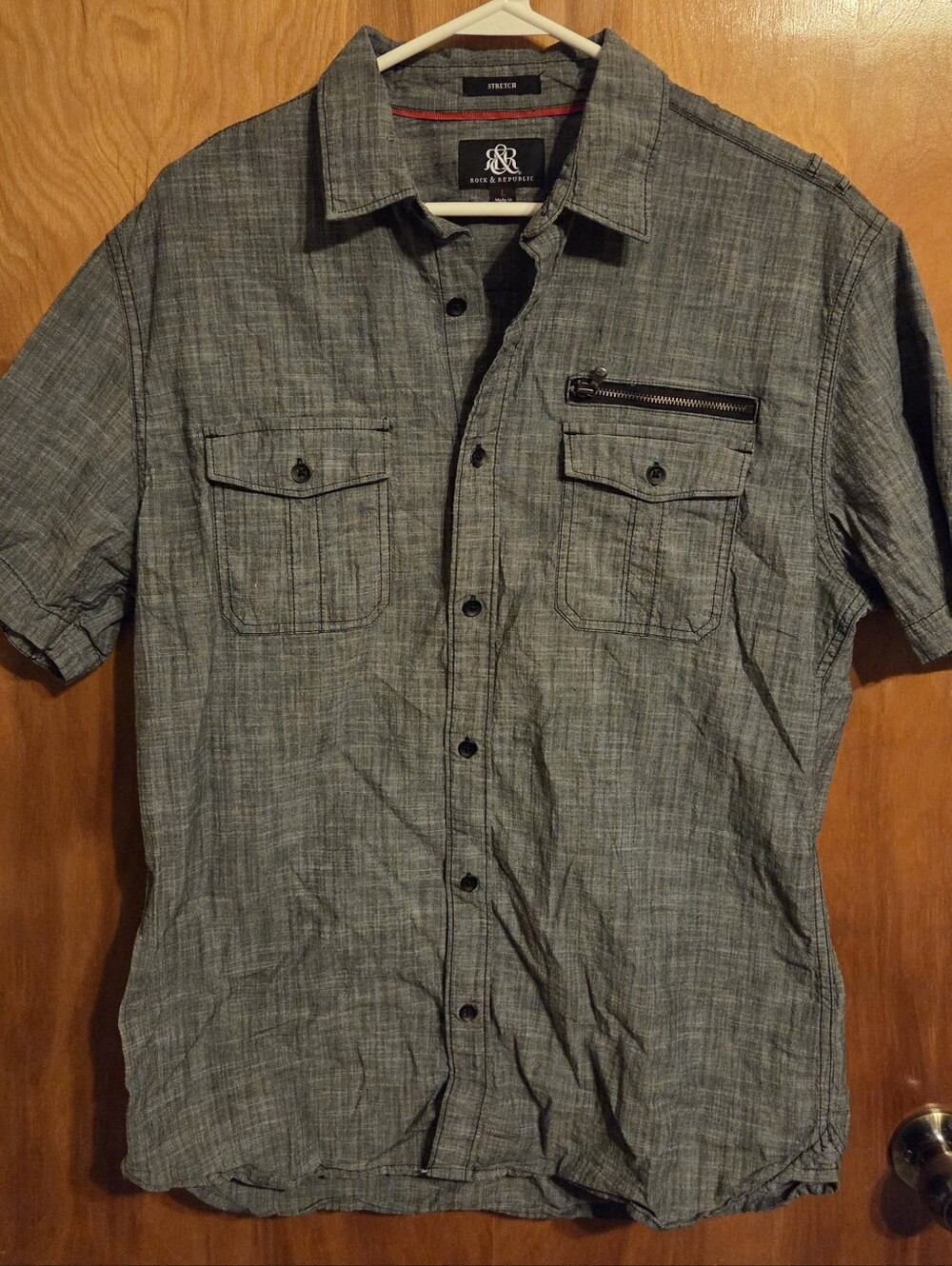 Rock & Republic Grey Button Up Zipper Pocket Stretch Shirt Size L